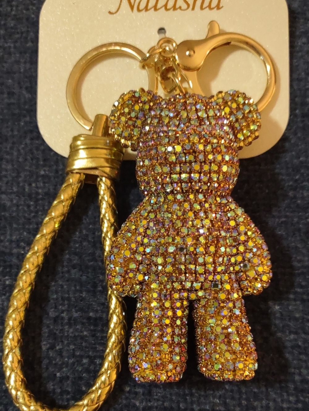 NWT Natasha Couture Gold Crystal Rhinestone Teddy Bear Bag Charm